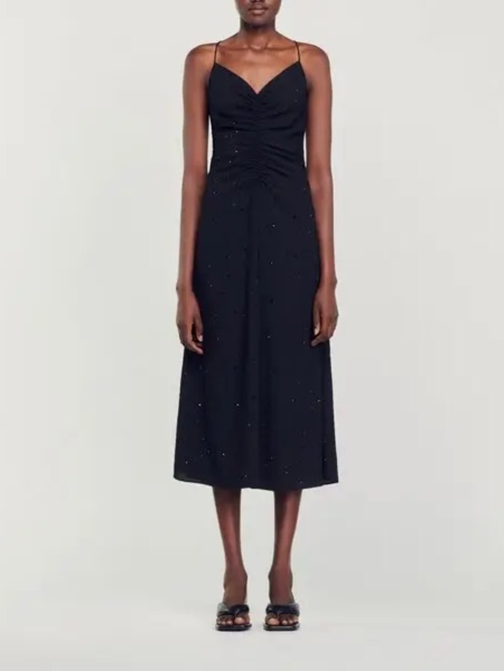 Sandro Black Midi Dress with Ruched Bodice and Spaghetti Straps
